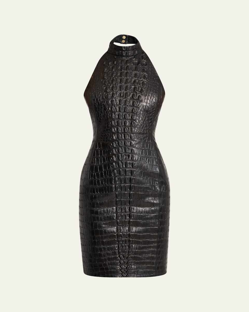 Croc-Embossed Leather Halter Dress